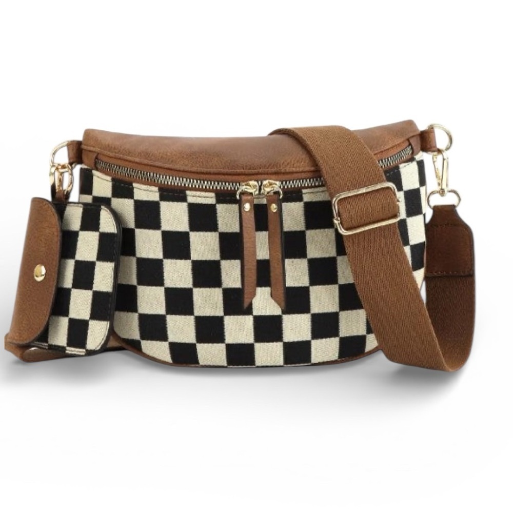 Zenana Outfitters Brown and Black Checkered Crossbody Bag